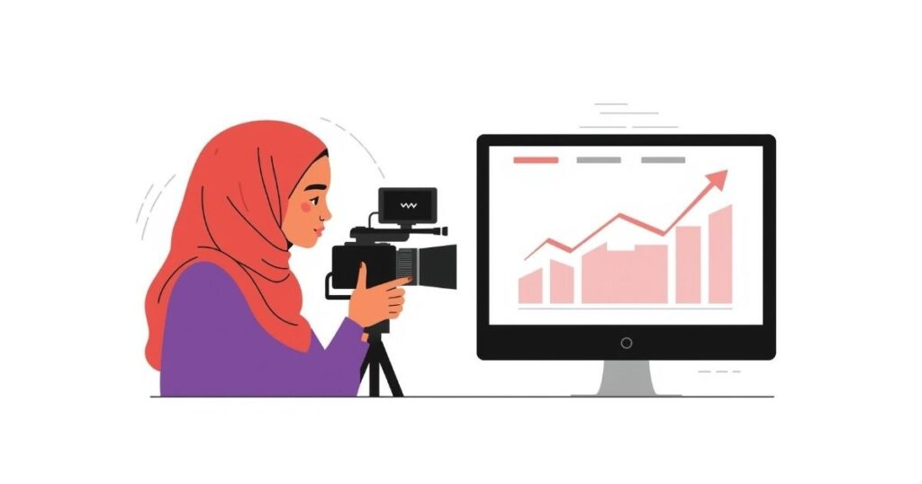 A Somali content creator wearing a hijab recording a video with a camera and a computer showing an upward trend chart Tanaad Digital Agency