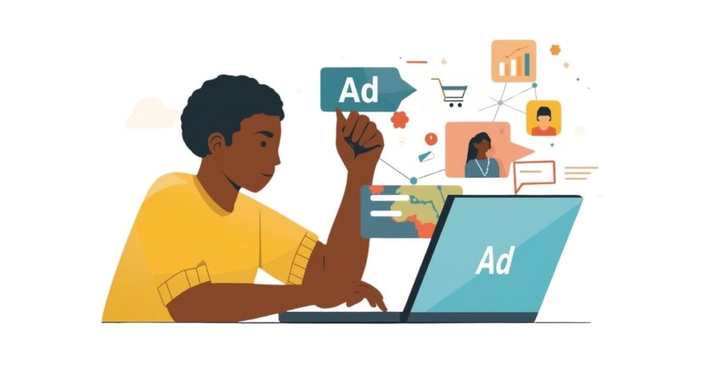 A marketer using a laptop with Ad on screen Tanaad Digital Agency