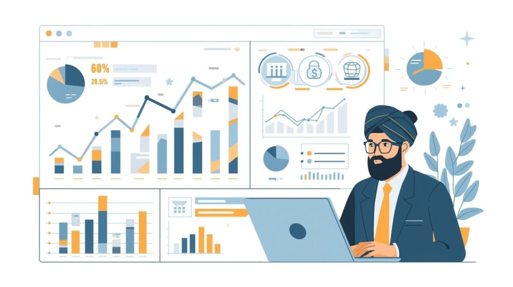 Analytics dashboard with upward graph data charts and business icons Somali businessperson reviewing progress on laptop Tanaad Digital Agency